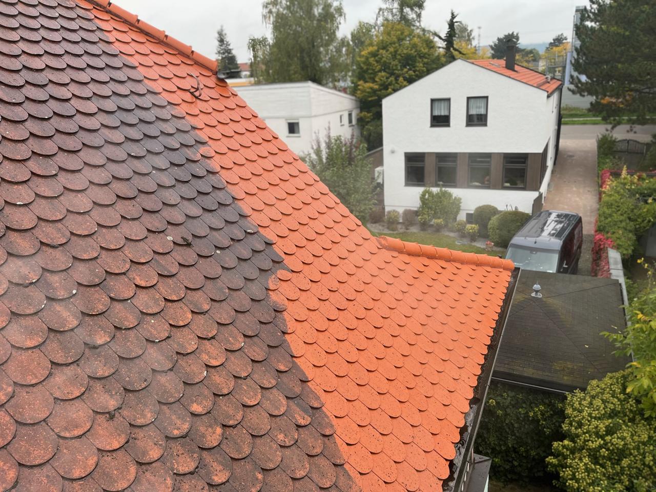 Biberschwanz-Dach halb gereinigt: dunkle alte Ziegel neben leuchtend gereinigten